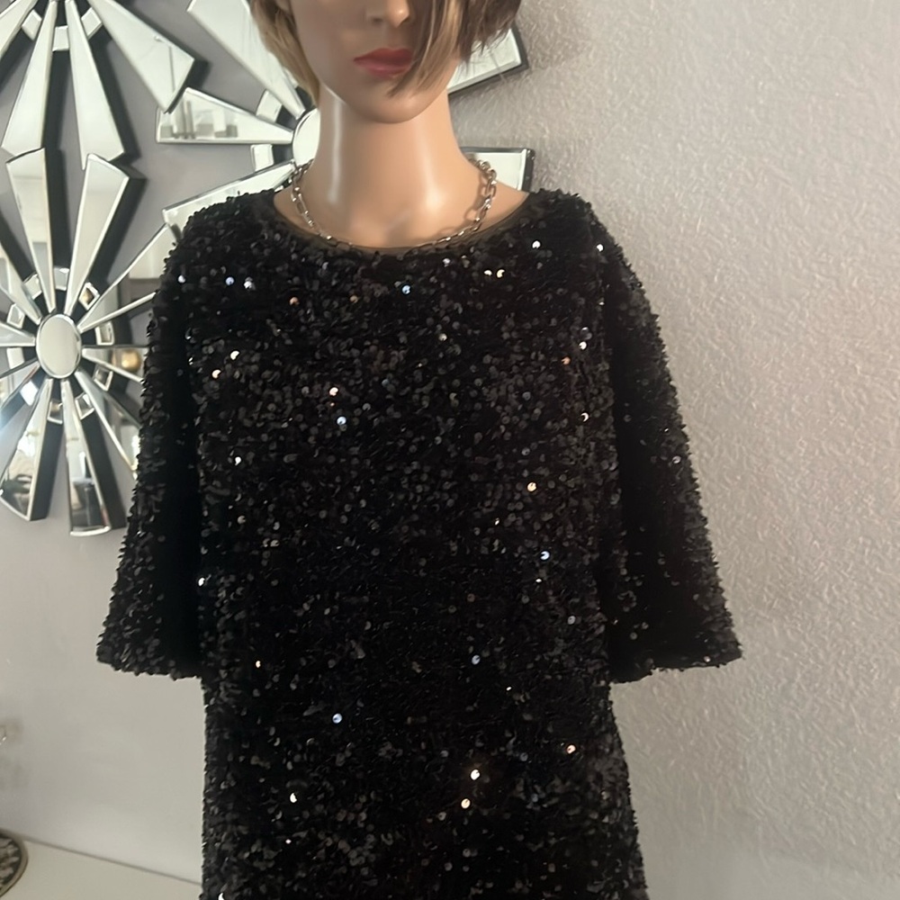 New(ON 34TH)women’s stretch Sequin embroidery short sleeve black shiny size L